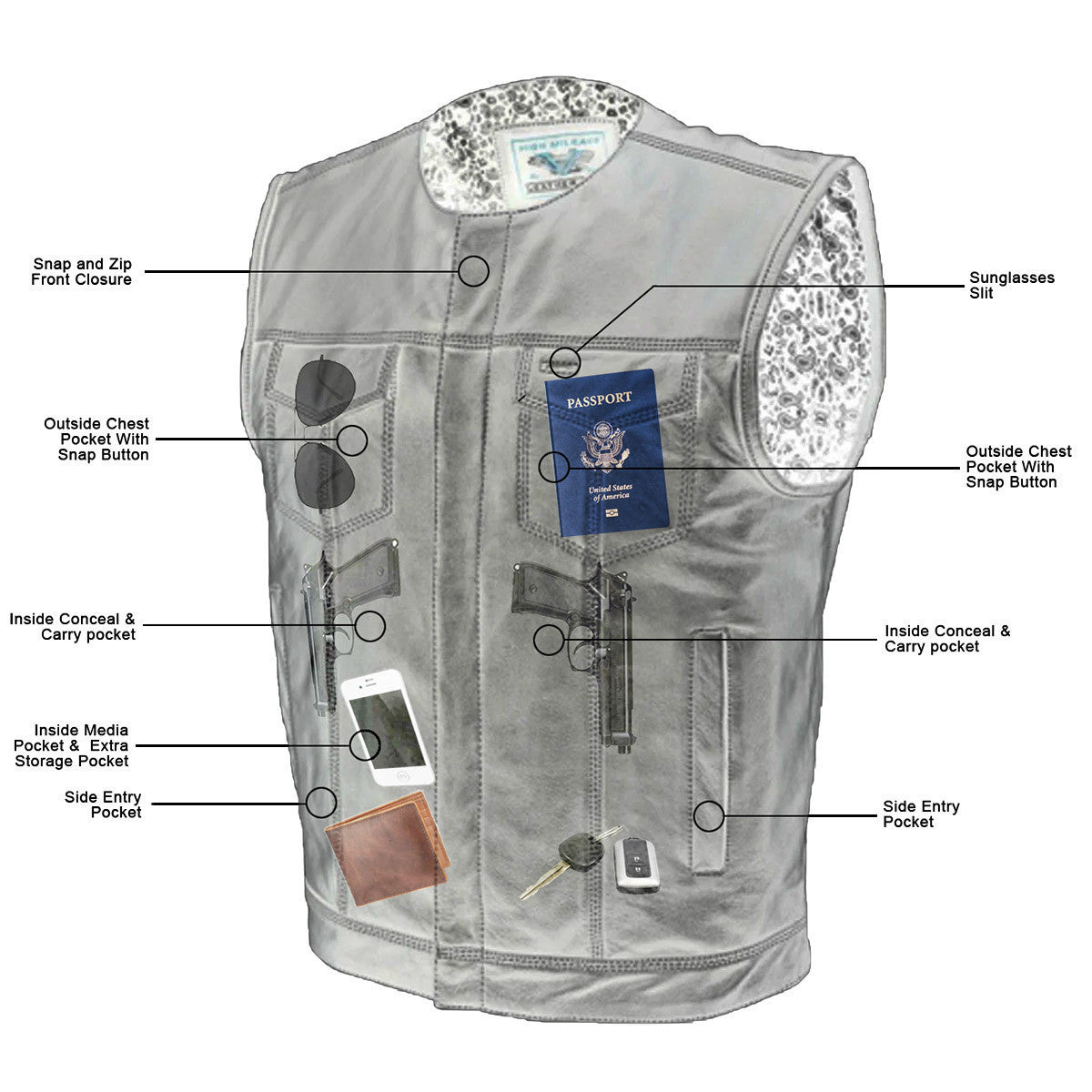 Vance Men's Black Leather Vest with Conceal Carry & Paisley Liner