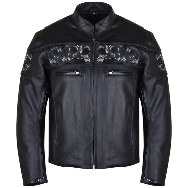 Men's Black Reflective Skulls Leather Motorcycle Jacket