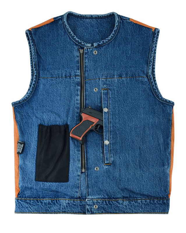 Vance Men's V-Neck Denim Motorcycle Vest - 12oz Denim, Concealed Carry Pocket, Fully Lined For Riding