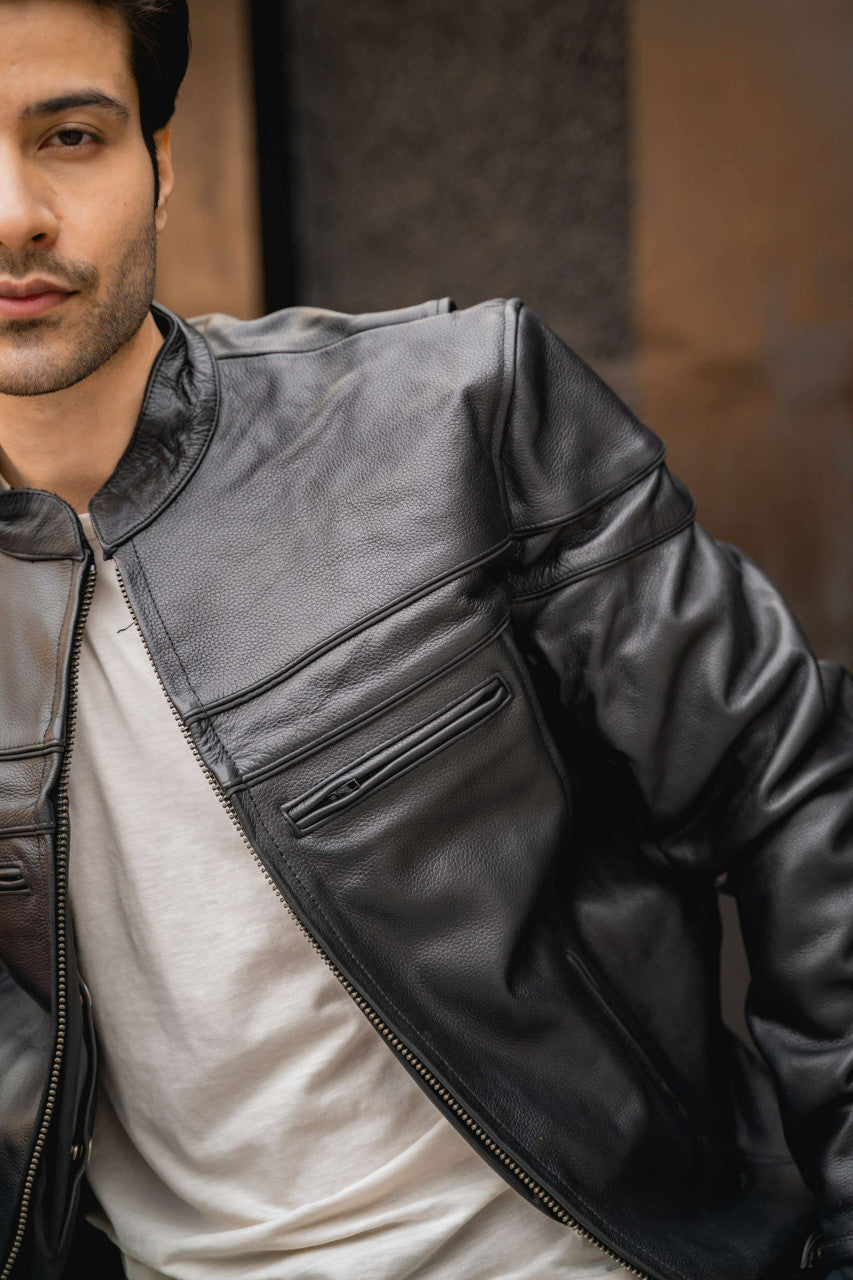 Men's Cafe Racer Leather Motorcycle Jacket with Zipper Vents
