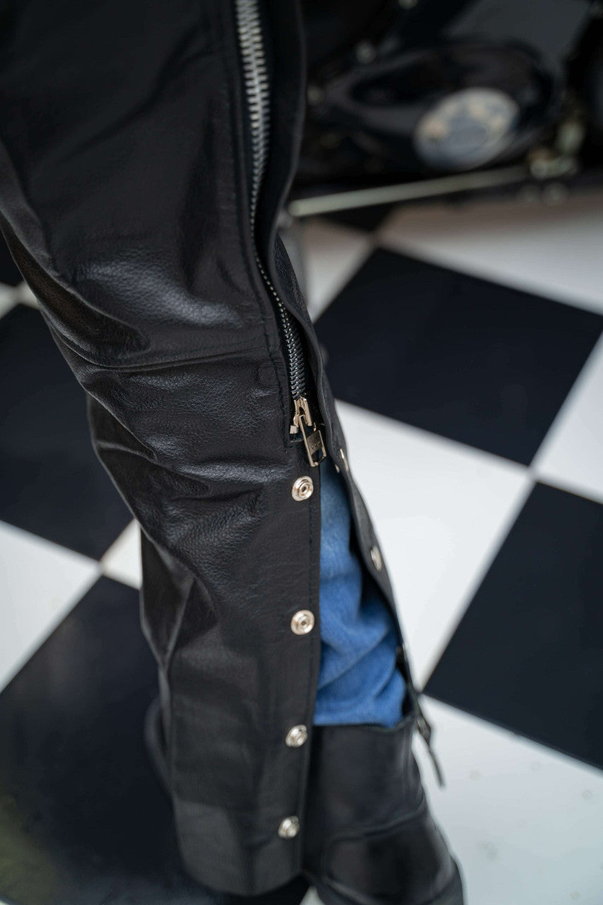 Black Leather Bike Riding Chaps - Team Motorcycle