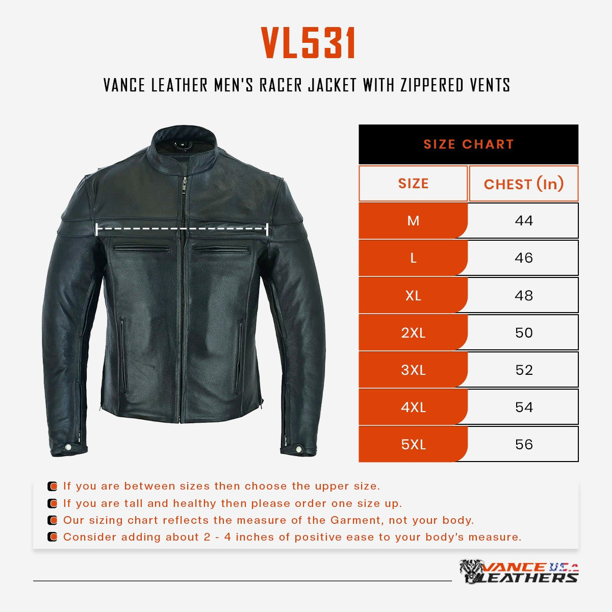 Size Chart Size 44 Motorcycle Jacket Men's Cafe Racer Leather