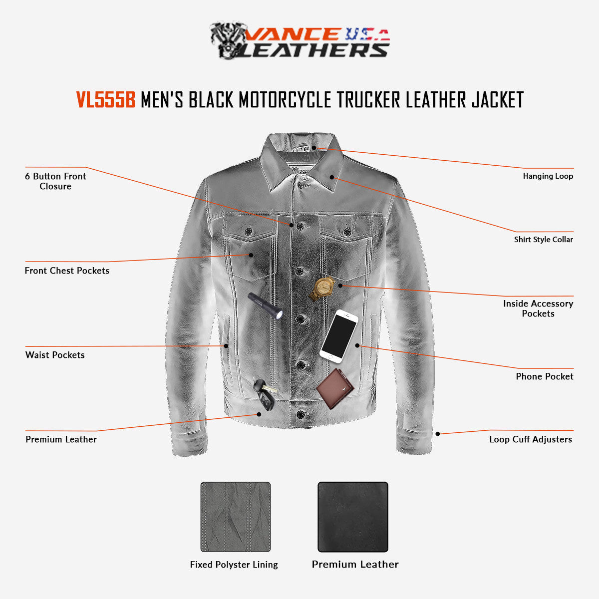 Vance Men's Black Motorcycle Trucker Leather Jacket | TM Vance Men's Black Motorcycle Trucker Leather Jacket | TM