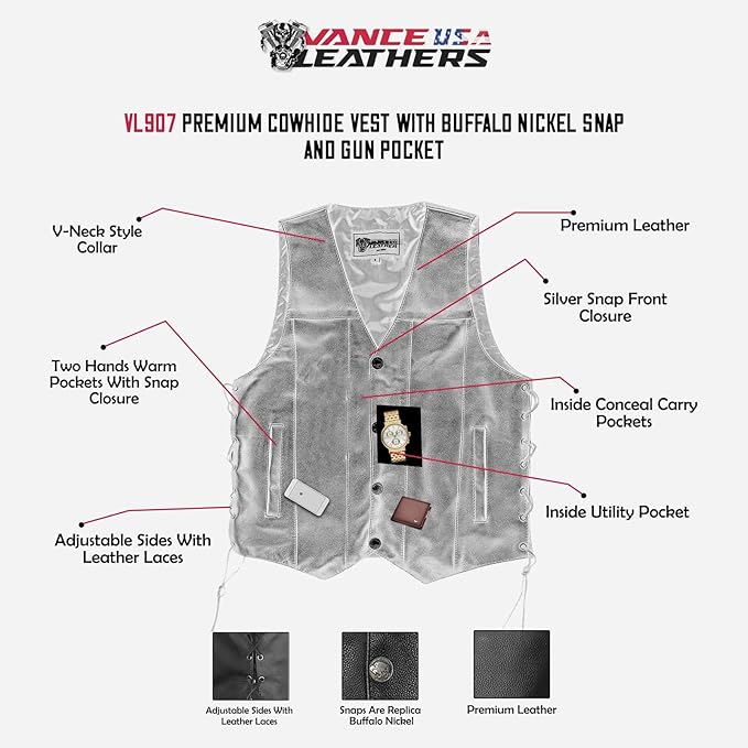 Leather Biker Motorcycle Vest with Buffalo Nickel Snaps and Double Conceal Carry Pocket