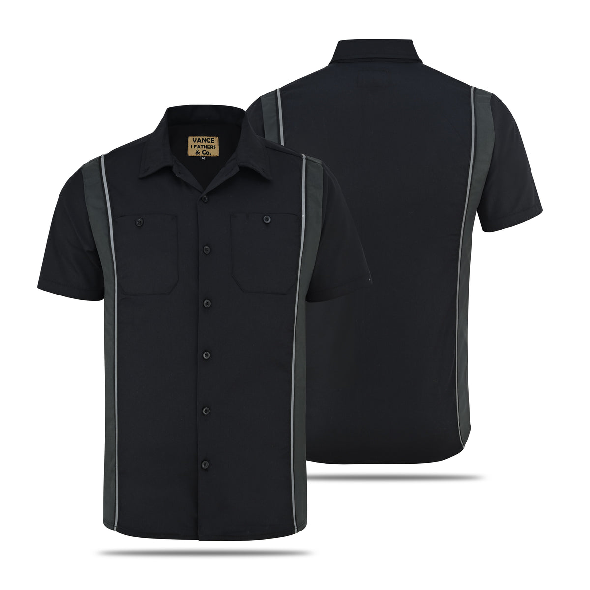 Vance Men's Black Button Up Mechanic Work Shirt w/ Grey Sides & Reflective Strip - front & back