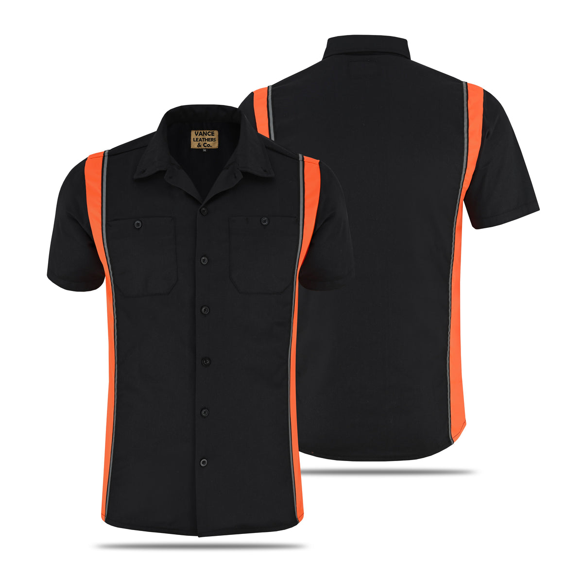 Vance Men's Heavy-Duty Button up Mechanic Work Shirt w Reflective Strip Orange Sides - front & back