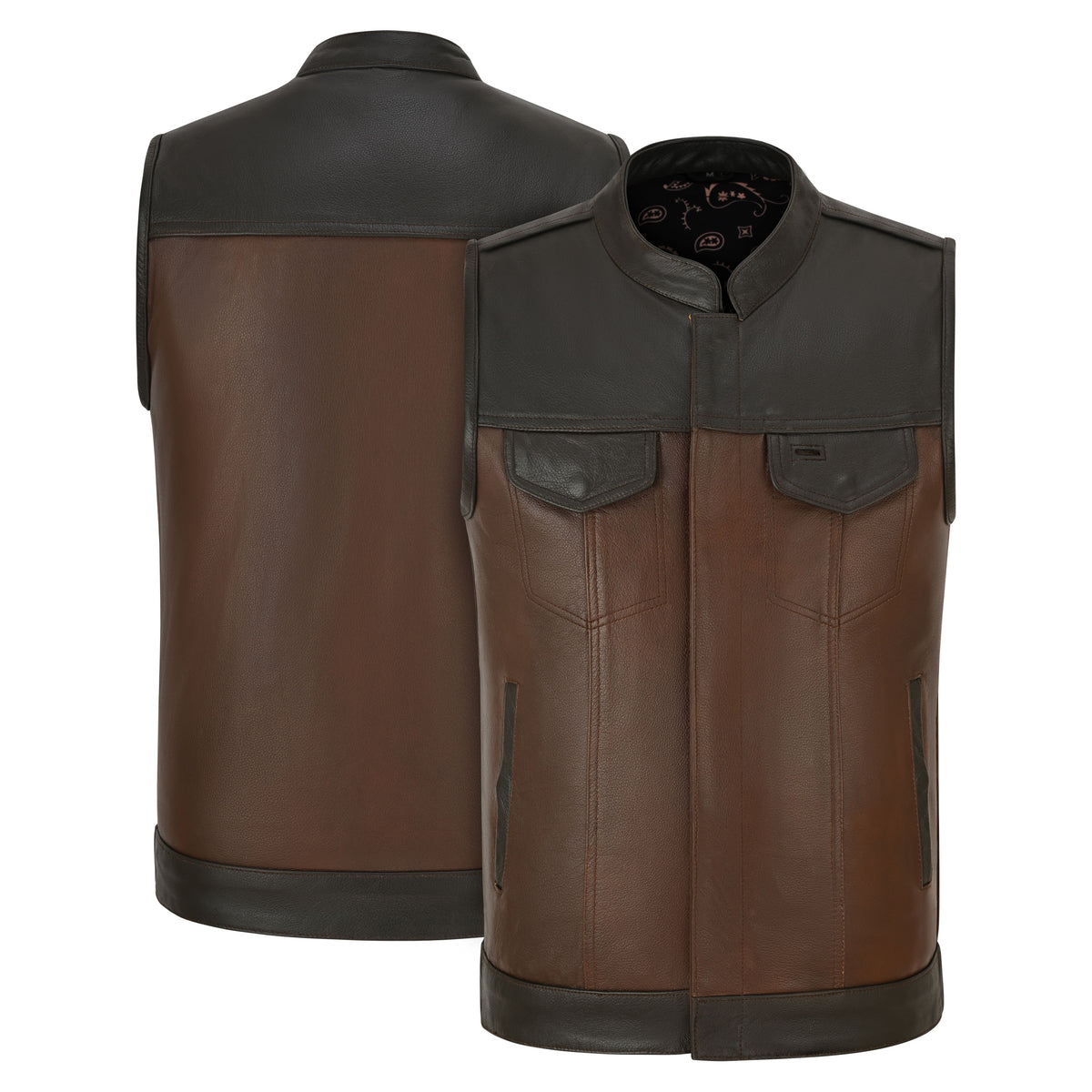 Men's Two-Tone Brown & Black Leather Motorcycle Riding Club Vest with Paisley Liner & CCW Pockets