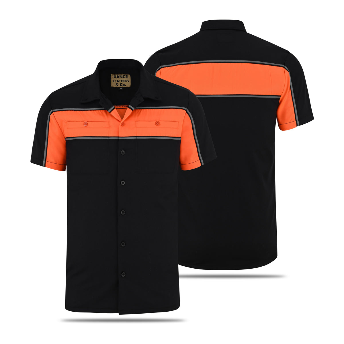 Vance Men's Black Orange Heavy-Duty Button up Mechanic Work Shirt w/ Reflective Strip - front & back