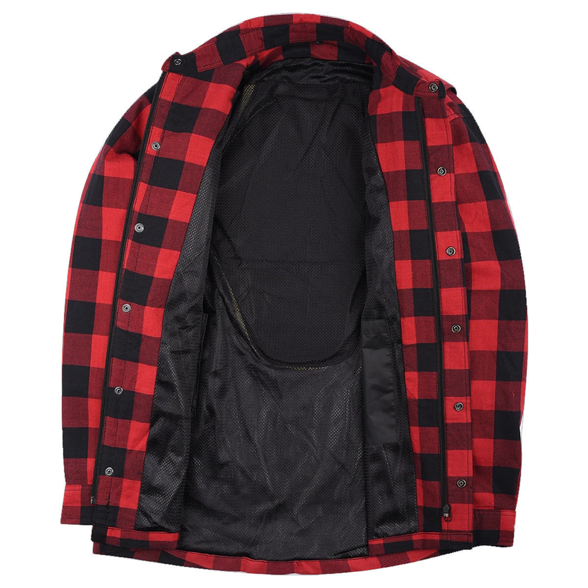 Red and black armored flannel shirt opened to display black mesh lining and the back pad compartment.