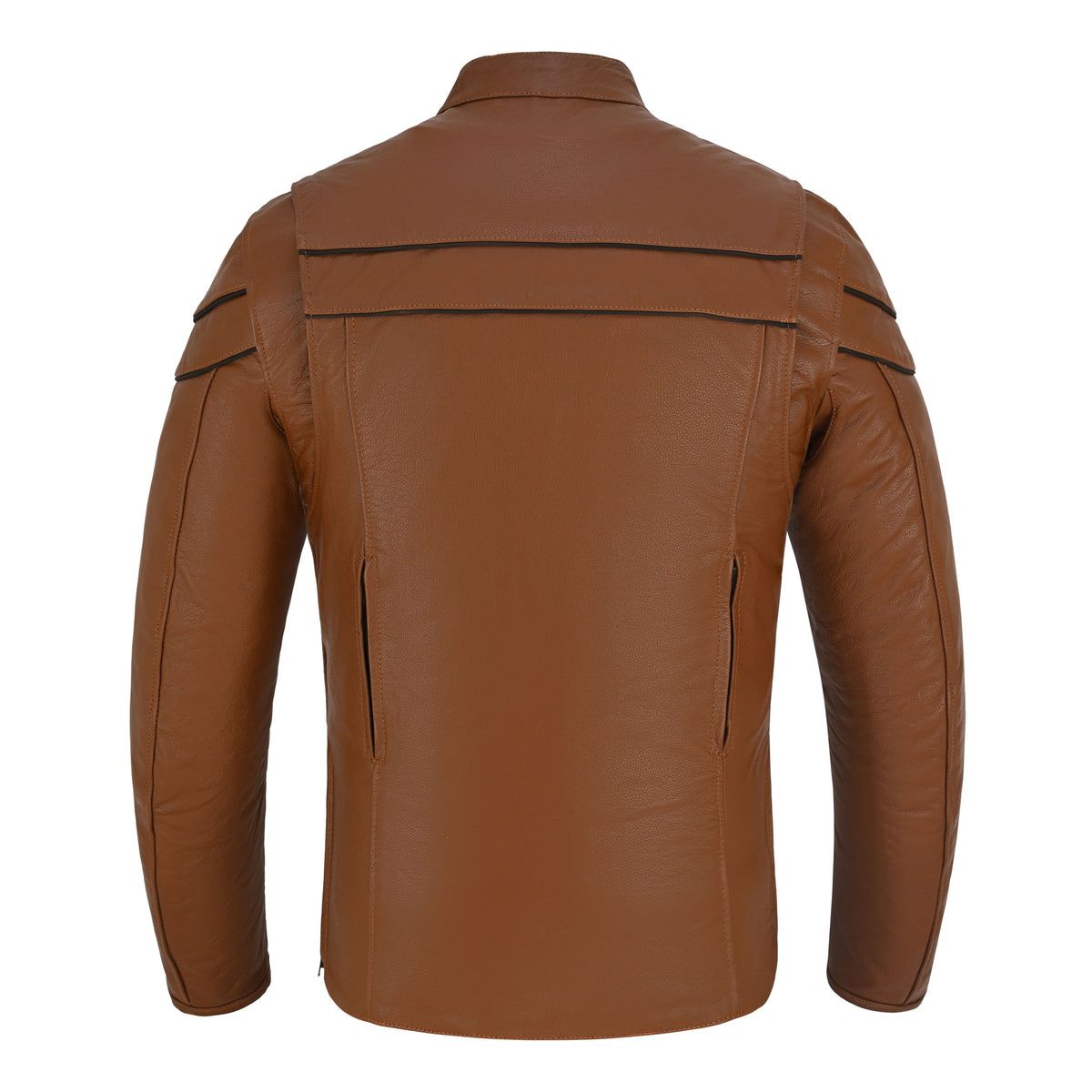 Rear product view of the brown cowhide motorcycle jacket with twin black piping lines and vertical zippered back vents.
