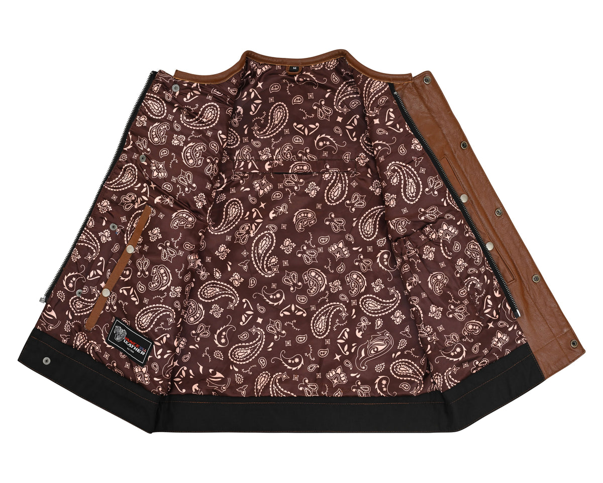 Motorcycle vest opened flat to show its brown paisley lining, leather-trimmed interior CCW pockets, and black lower trim.