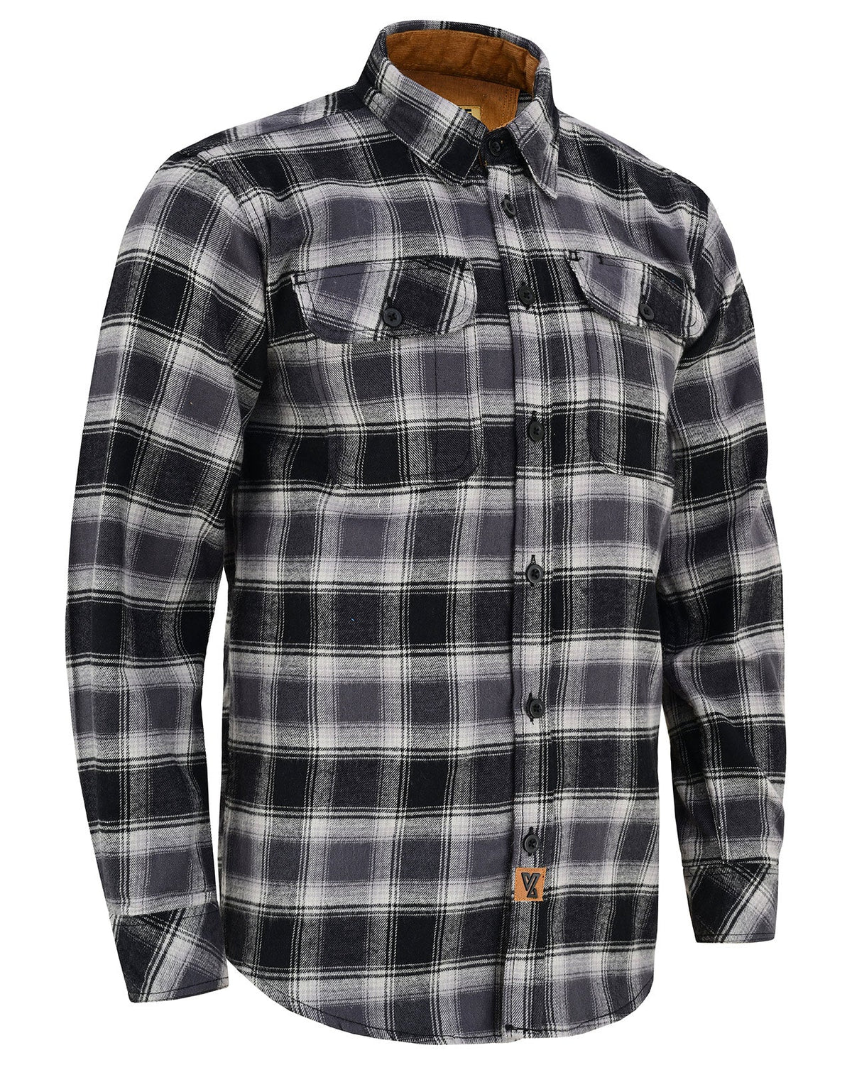 Angled front view of the Castlerock men's plaid flannel shirt showing button closures, flap pockets and tan collar lining.