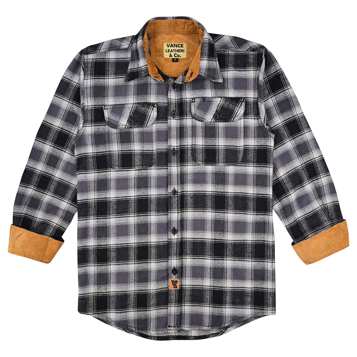 Castlerock gray plaid long sleeve flannel shirt laid flat with cuffs turned up to reveal tan corduroy lining.