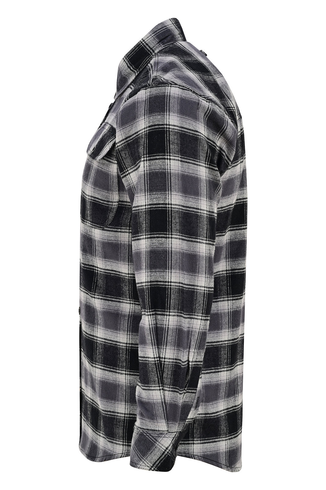 Side profile of the Castlerock men's charcoal and gray plaid flannel shirt showing its long sleeve and curved hem.