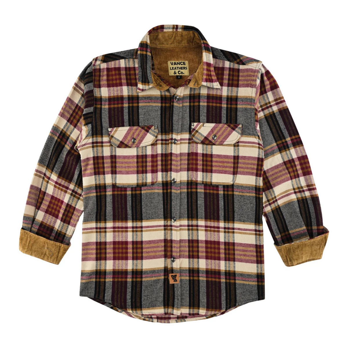 Cedarwood Plaid button-down flannel shirt laid flat, with cuffs turned back to reveal tan corduroy lining.