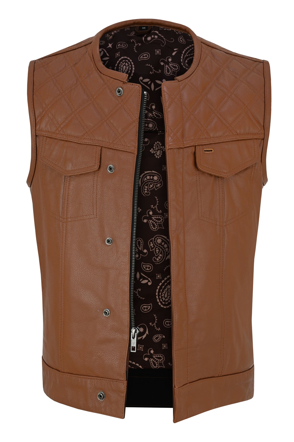 Front view of the cognac brown biker vest partially open, showing paisley lining, metal snaps, and the center zipper.