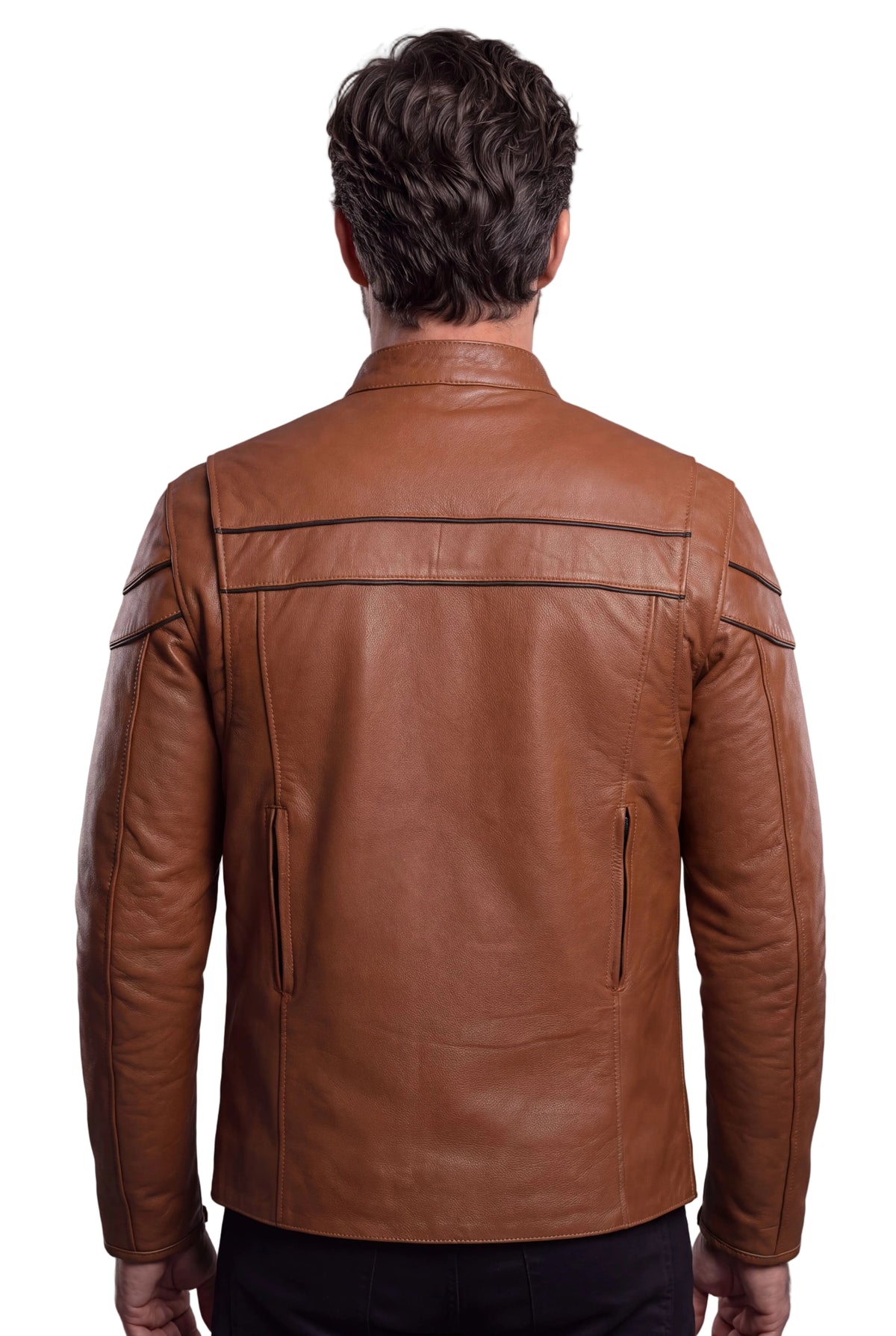 Rear view of the cognac leather cafe racer jacket on a man, showing black shoulder piping and two vertical back vents.