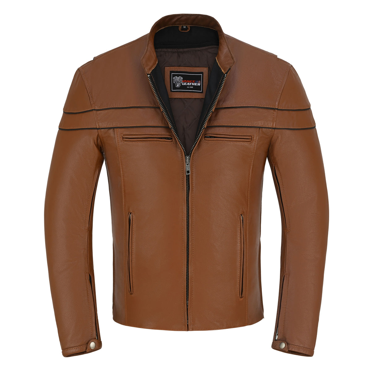 Cognac leather riding jacket partially zipped, showing its brown interior, Vance label, and vertical waist pockets.