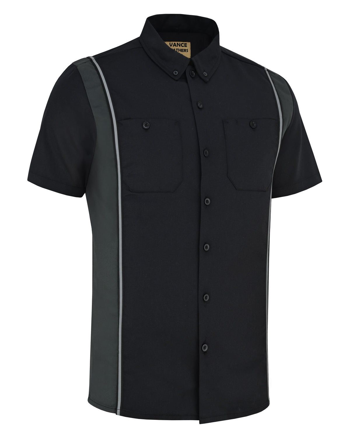 Vance Men's Black Button Up Mechanic Work Shirt w/ Grey Sides & Reflective Strip - side