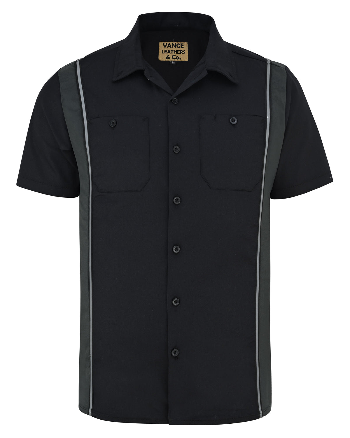 Vance Men's Black Button Up Mechanic Work Shirt w/ Grey Sides & Reflective Strip - front