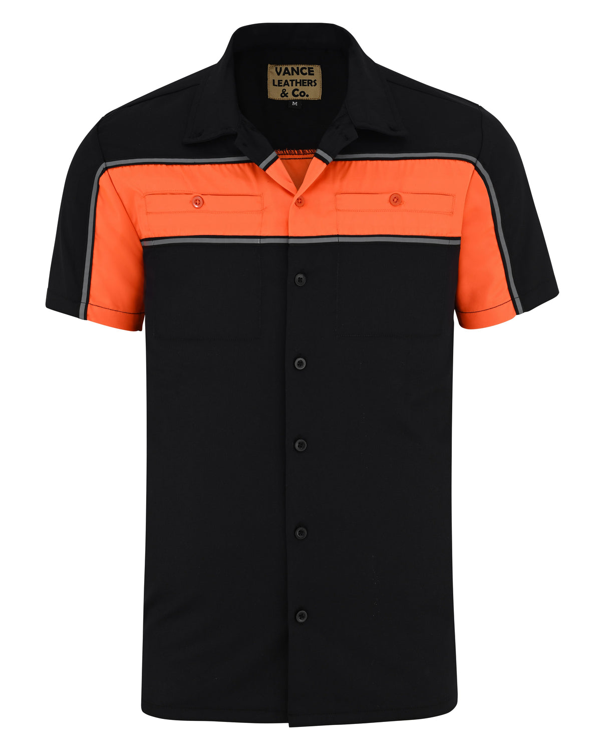 Vance Men's Black Orange Heavy-Duty Button up Mechanic Work Shirt w/ Reflective Strip - front