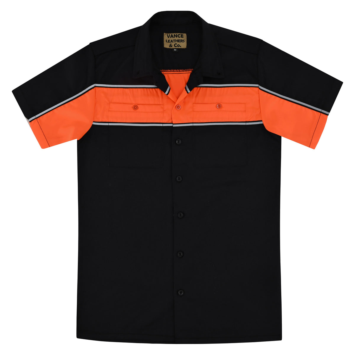 Vance Men's Black Orange Heavy-Duty Button up Mechanic Work Shirt w/ Reflective Strip - flat