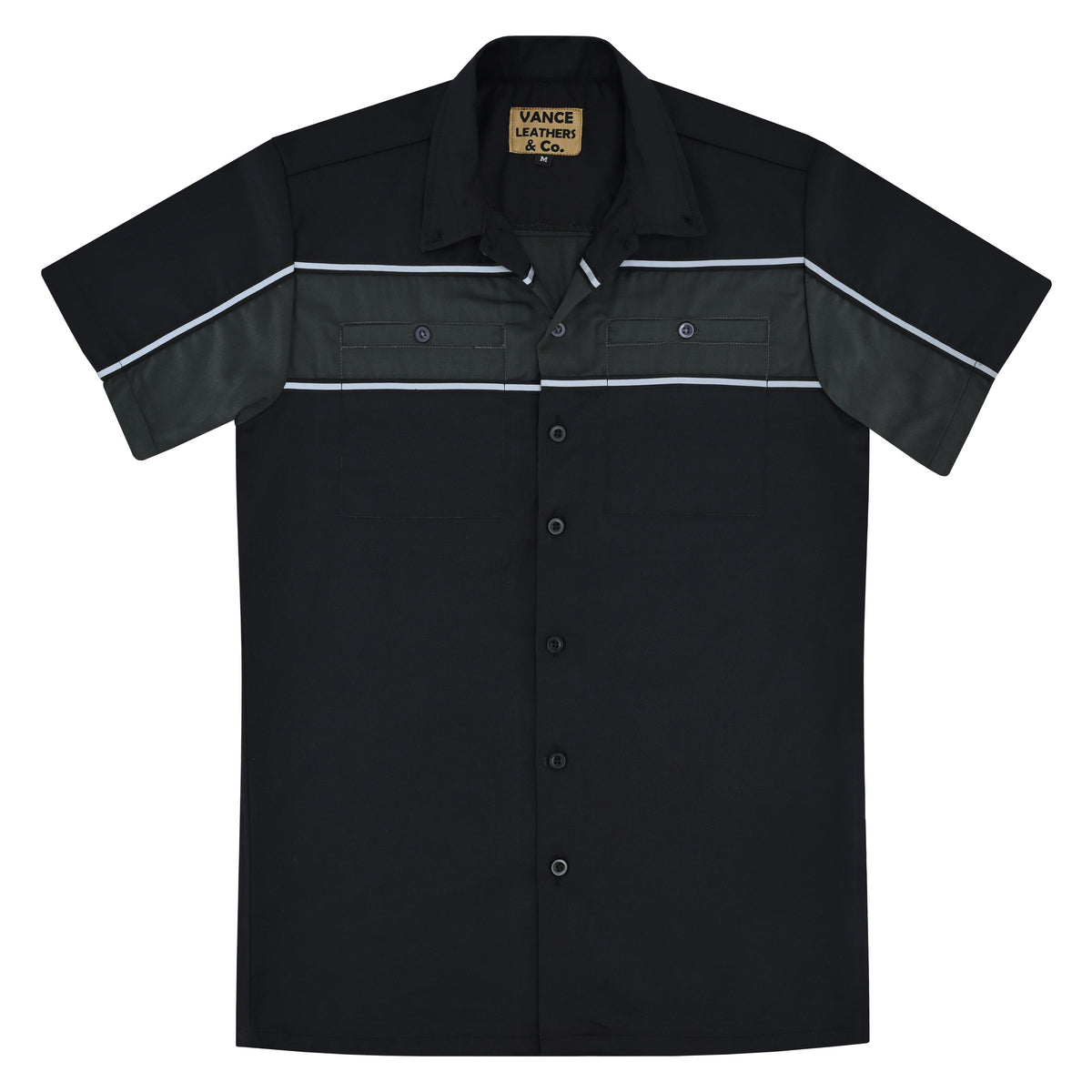 Vance Men's Black Gray Heavy-Duty Button up Mechanic Work Shirt w/ Reflective Strip - flat