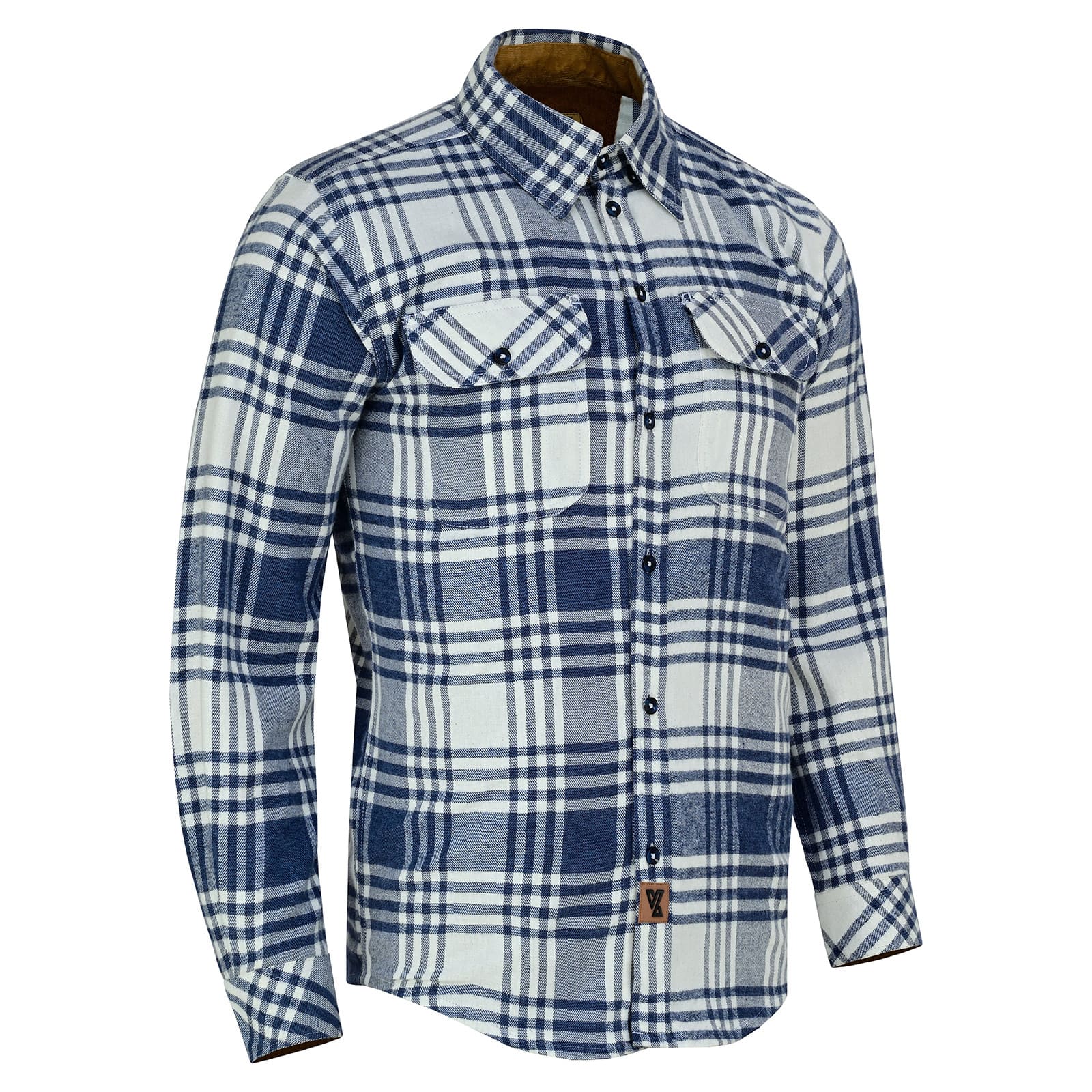 Men's Glacier Blue & White Long Sleeve Plaid Button Down Casual Flannel Shirt, Corduroy Collar & Cuffs