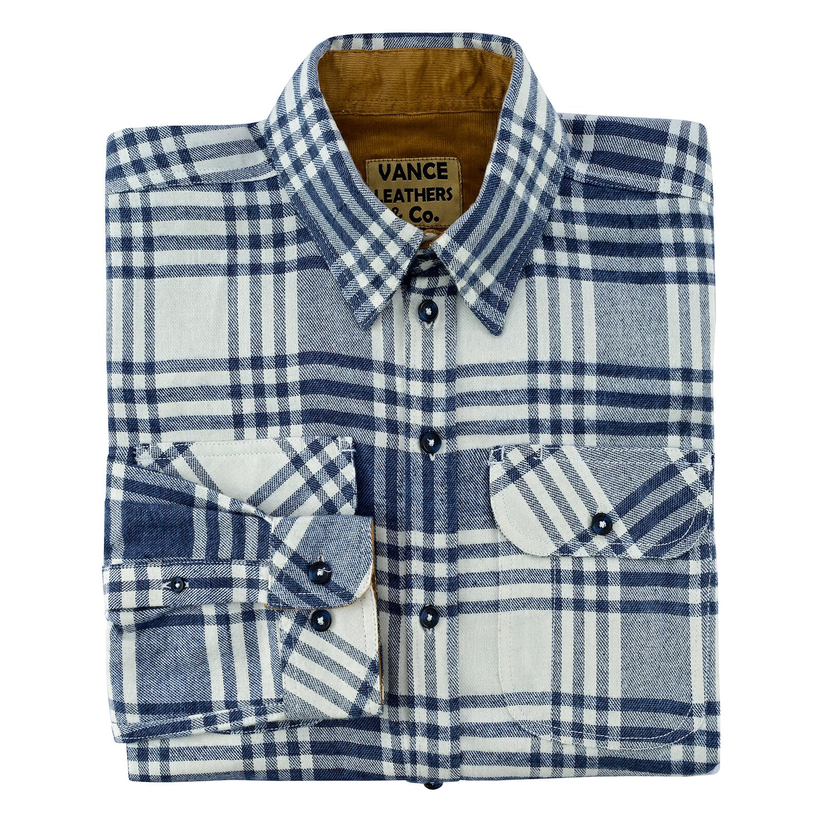 Men's Glacier Blue & White Long Sleeve Plaid Button Down Casual Flannel Shirt, Corduroy Collar & Cuffs