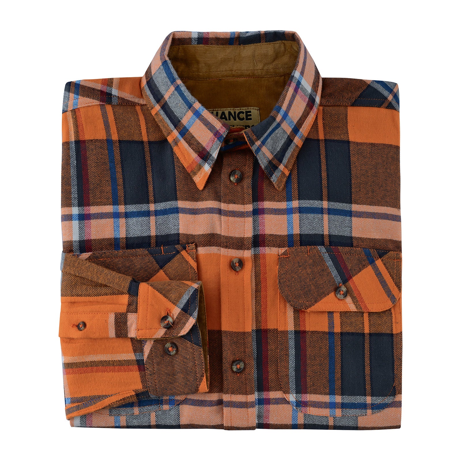 Men's Cobalt Long Sleeve Plaid Button Down Casual Flannel Shirt, Corduroy Collar & Cuffs