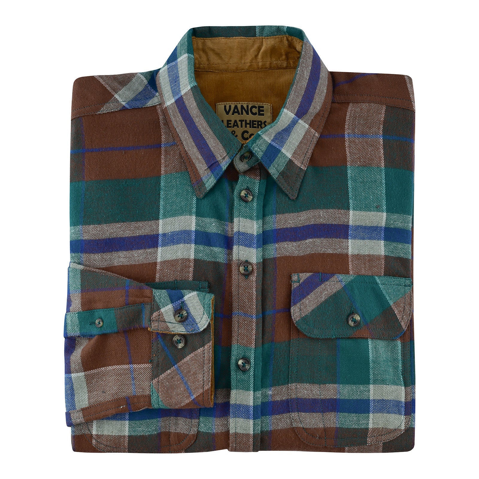 Men's Smoky Mountain Long Sleeve Plaid Button Down Casual Flannel Shirt, Corduroy Collar & Cuffs