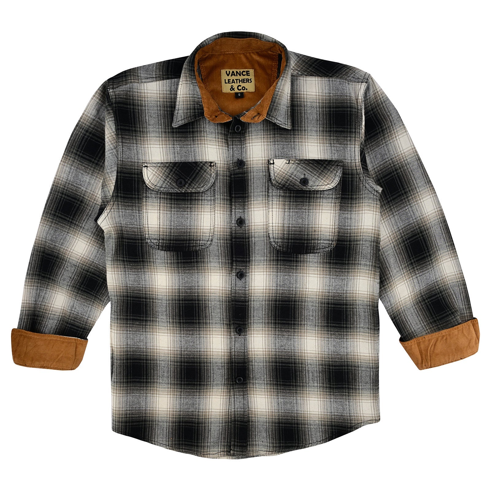 Men's Timberwolf Long Sleeve Plaid Button Down Casual Flannel Shirt, Corduroy Cuffs