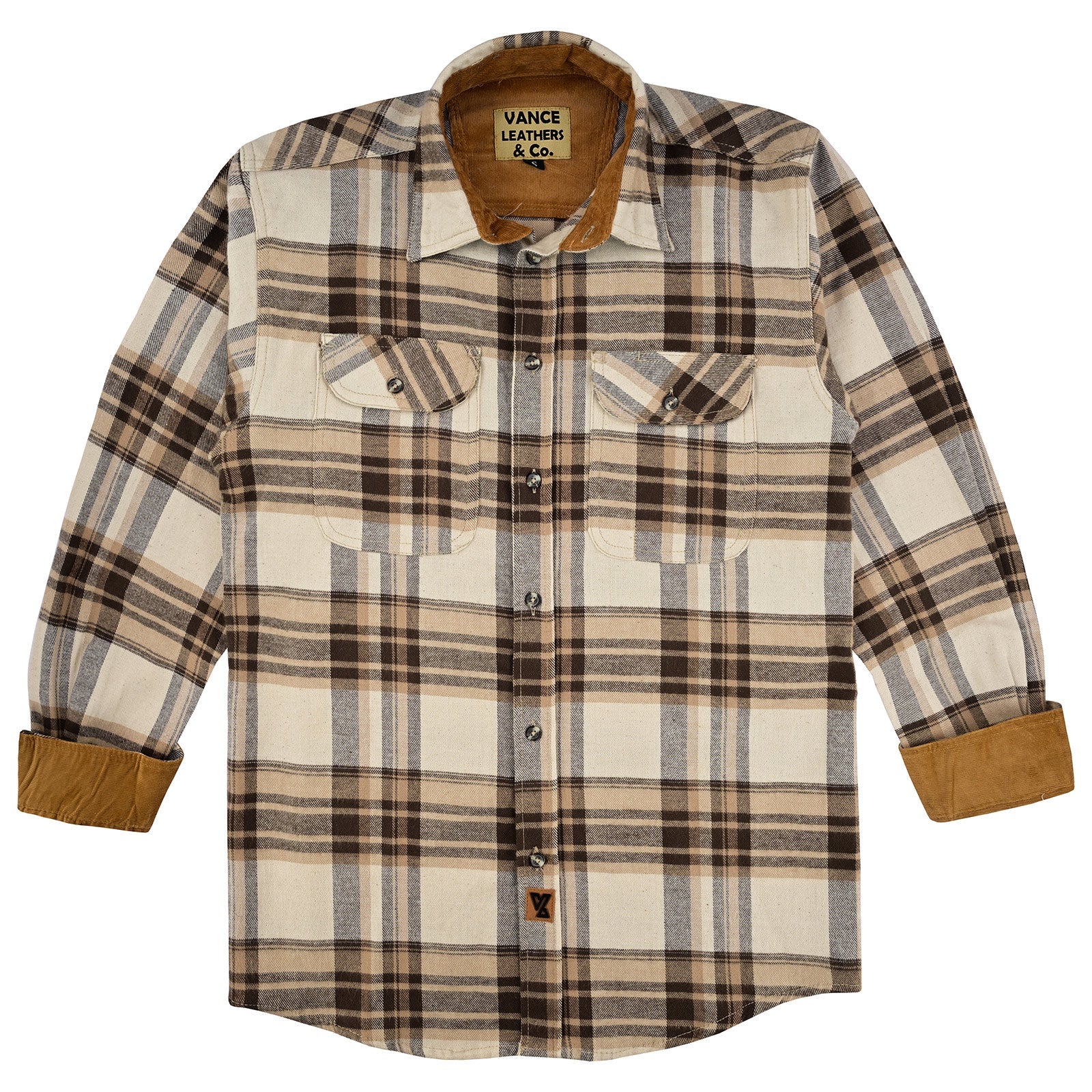 Vance Leather Men's Coffee & Cream Long Sleeve Plaid Button Down Casual Flannel Shirt, Corduroy Cuffs