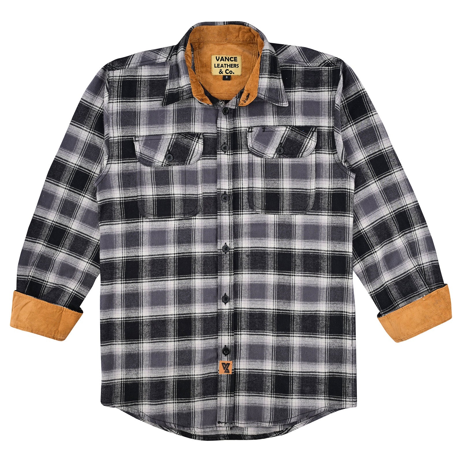 Vance Leather Castlerock Men's Long Sleeve Plaid Button Down Casual Flannel Shirt, Corduroy Cuffs