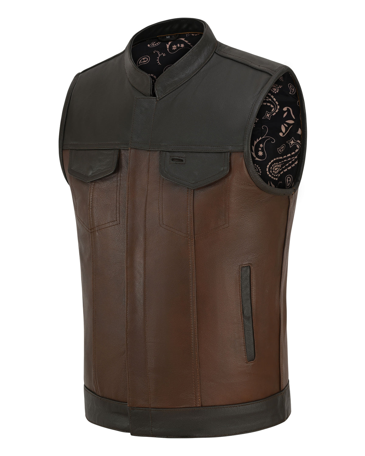 Men's Two-Tone Brown & Black Leather Motorcycle Riding Club Vest with Paisley Liner & CCW Pockets