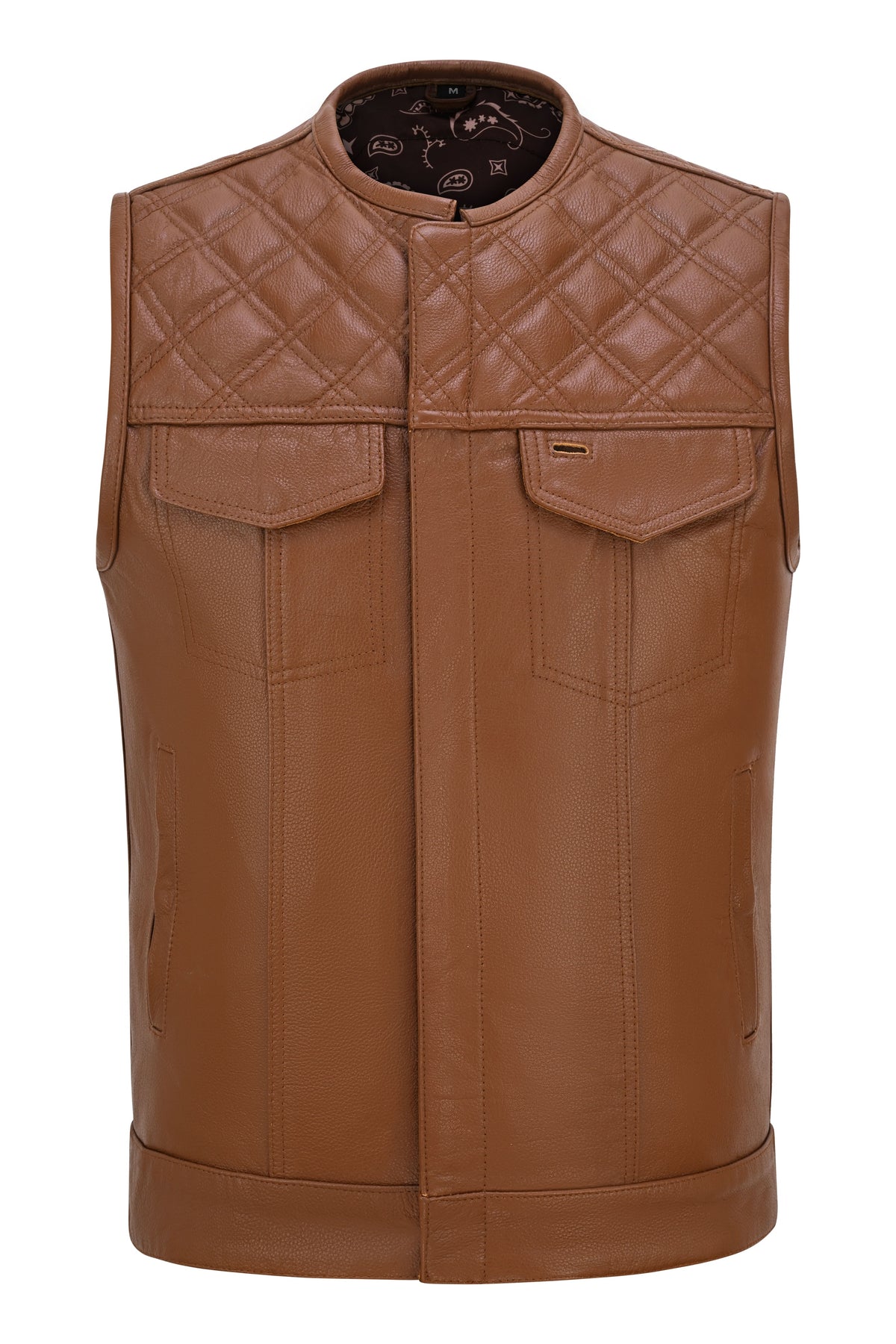 Men's Cognac Brown Collarless Leather Club Vest with Diamond Quilted Yoke & Paisley Liner