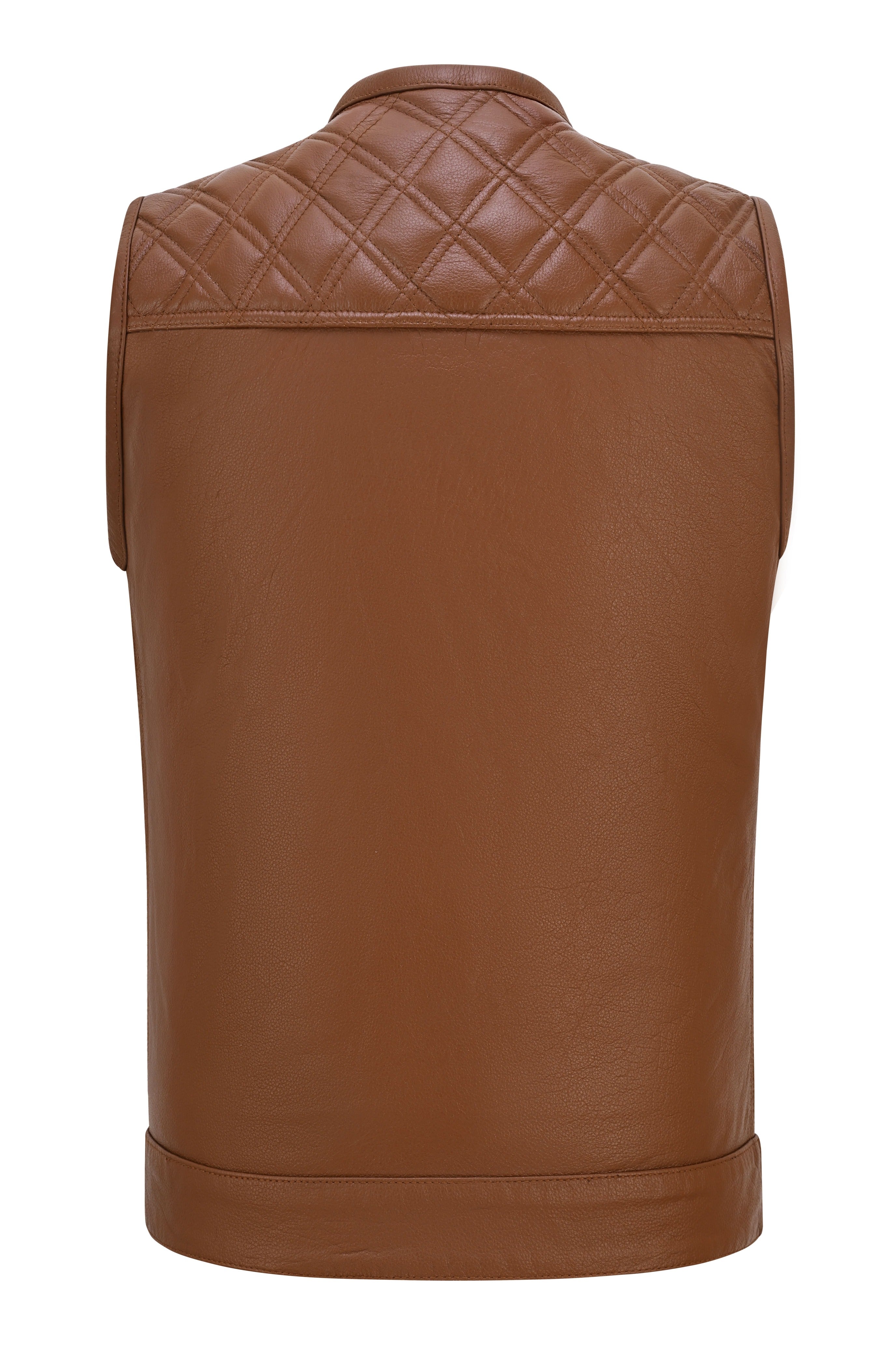 Men's Cognac Brown Collarless Leather Club Vest with Paisley Liner