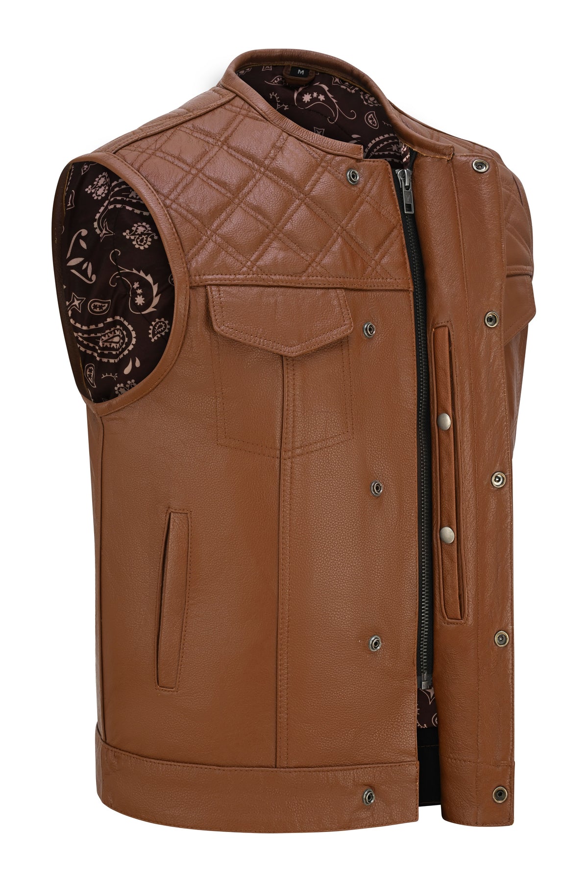 Men's Cognac Brown Collarless Leather Club Vest with Diamond Quilted Yoke & Paisley Liner