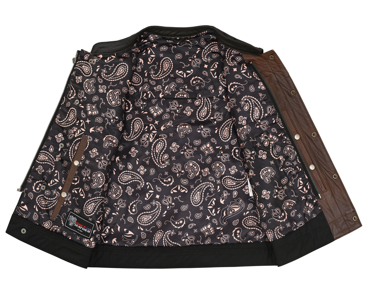 Men's Two-Tone Brown & Black Leather Motorcycle Riding Club Vest with Paisley Liner & CCW Pockets