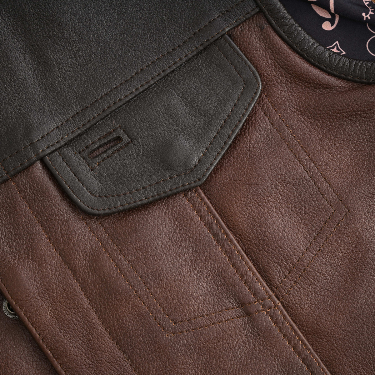 Men's Two-Tone Brown & Black Leather Motorcycle Riding Club Vest with Paisley Liner & CCW Pockets