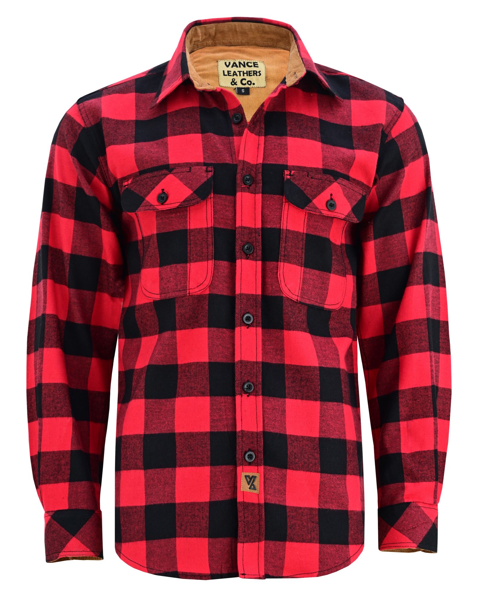 Men's Classic Red Long Sleeve Plaid Button Down Casual Flannel Shirt, Corduroy Cuffs