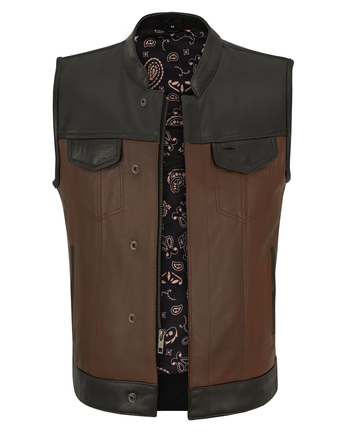 Men's Two-Tone Brown & Black Leather Motorcycle Riding Club Vest with Paisley Liner & CCW Pockets