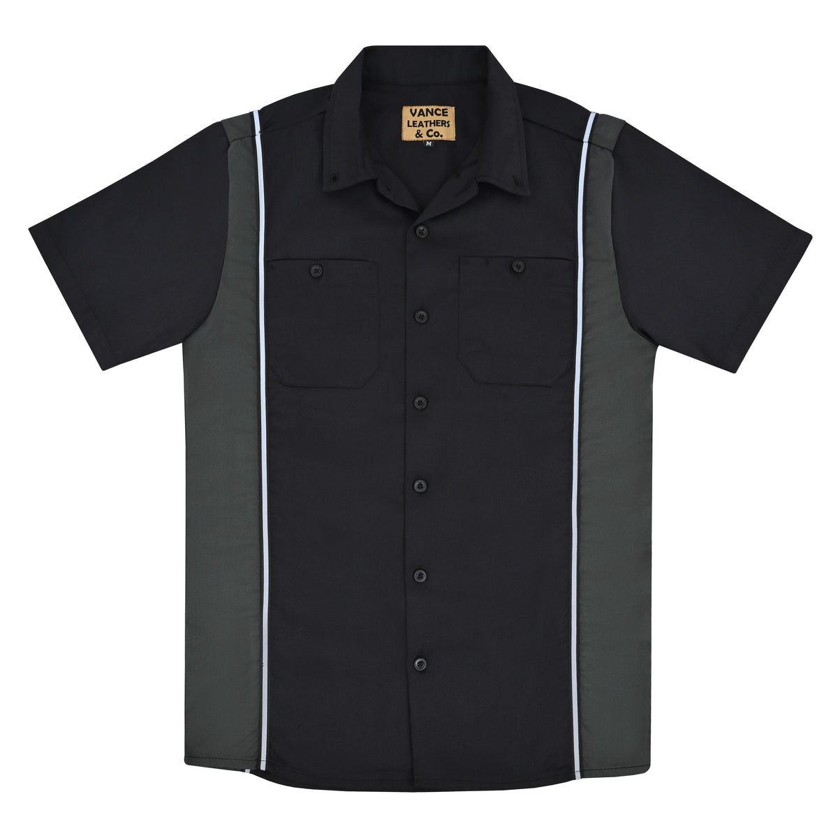 Vance Men's Black Button Up Mechanic Work Shirt w/ Grey Sides & Reflective Strip - flat image