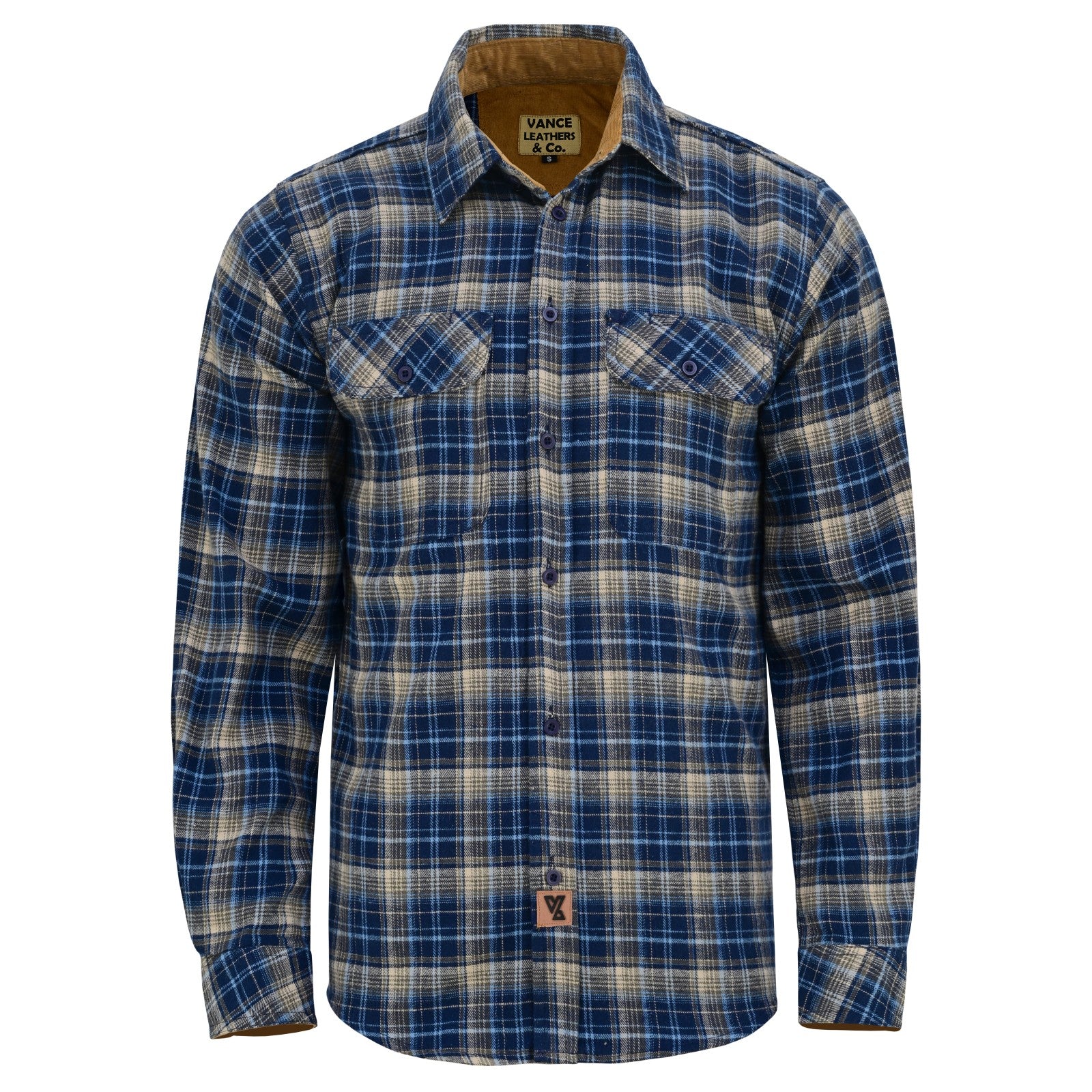 mens-keen-midnight-long-sleeve-plaid-button-down-casual-flannel-shirt-corduroy-collar-cuffs-front-view