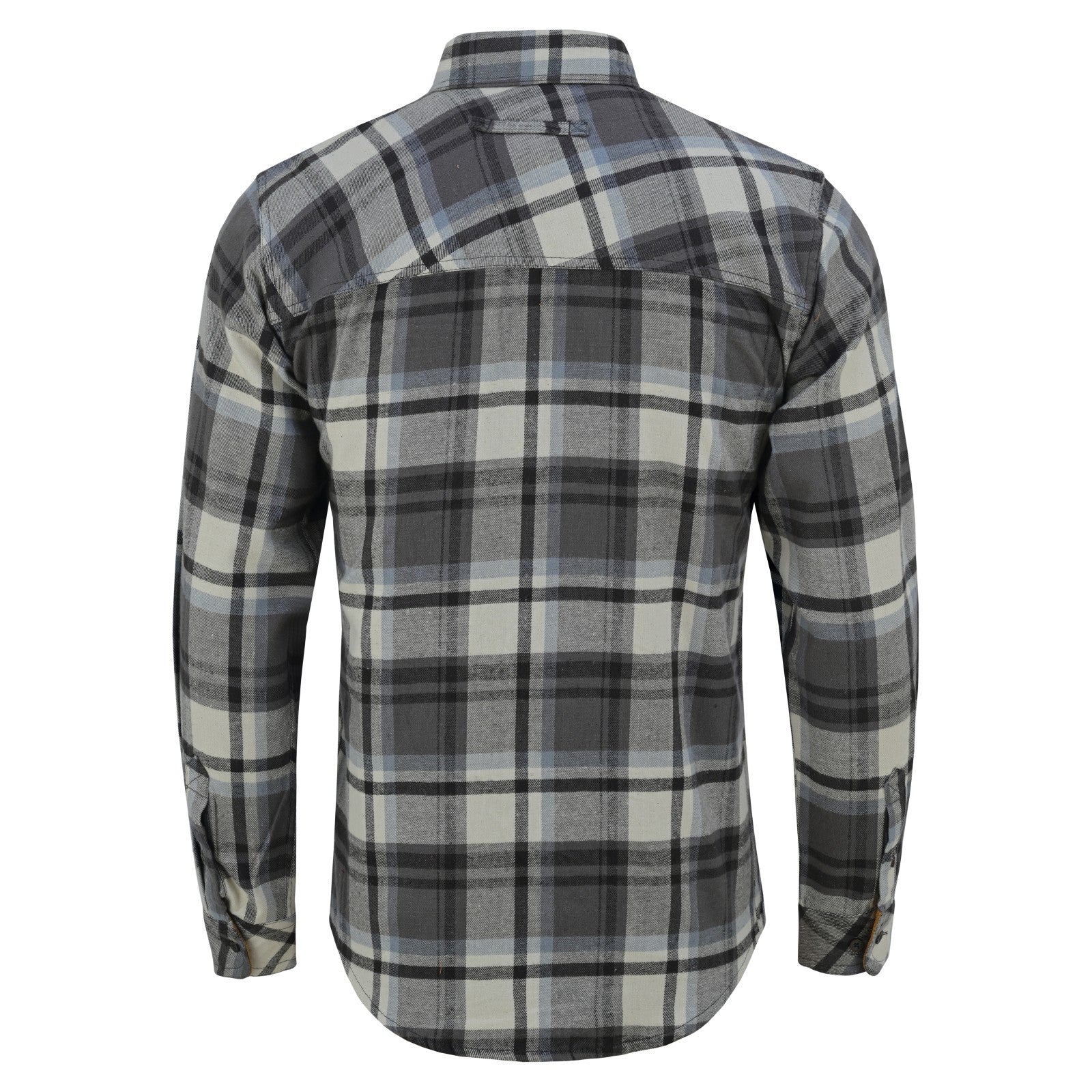 mens-charcoal-checkered-long-sleeve-plaid-button-down-casual-flannel-shirt-corduroy-collar-cuffs-back-view