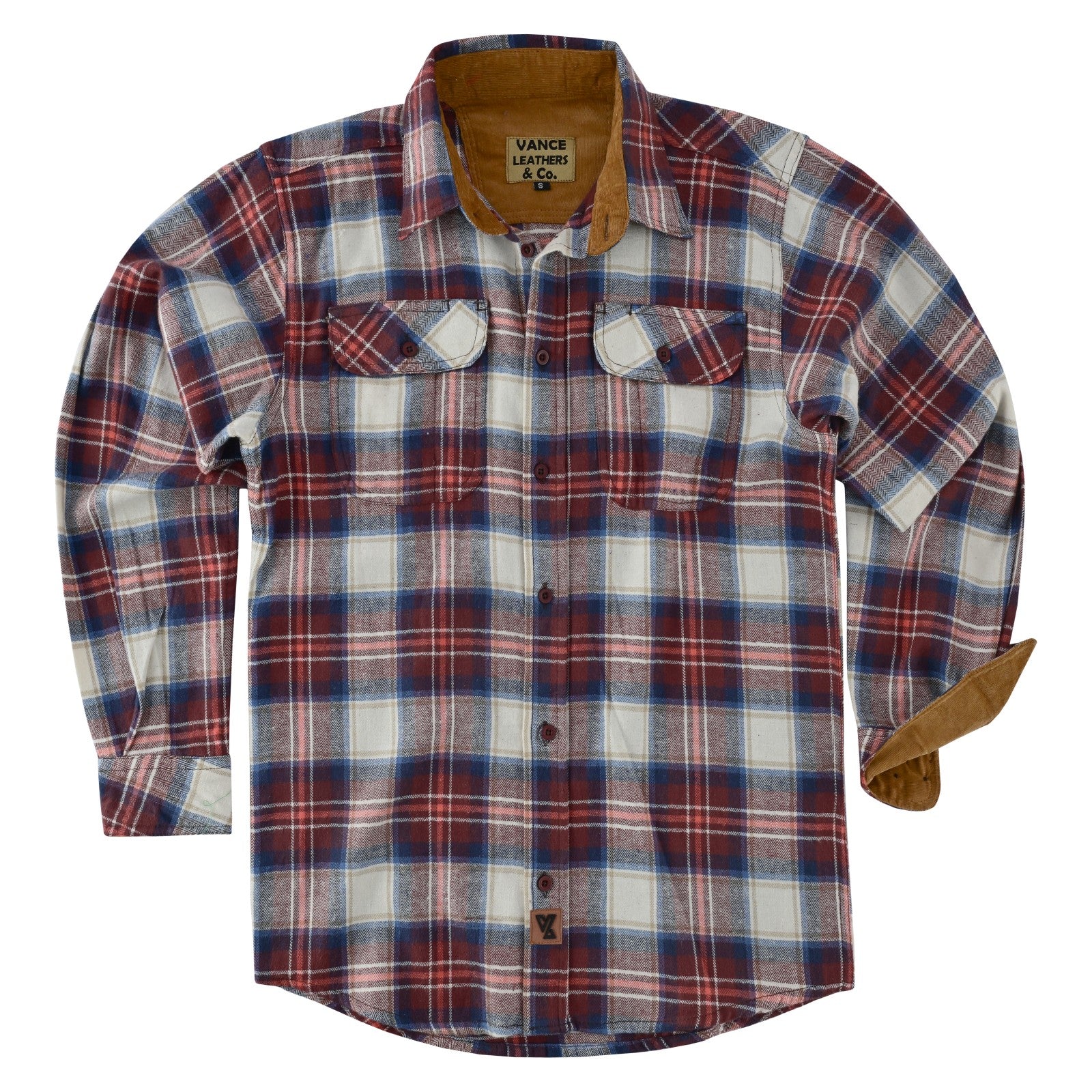 mens-merlot-long-sleeve-plaid-button-down-casual-flannel-shirt-corduroy-collar-cuffs-flat-front-view
