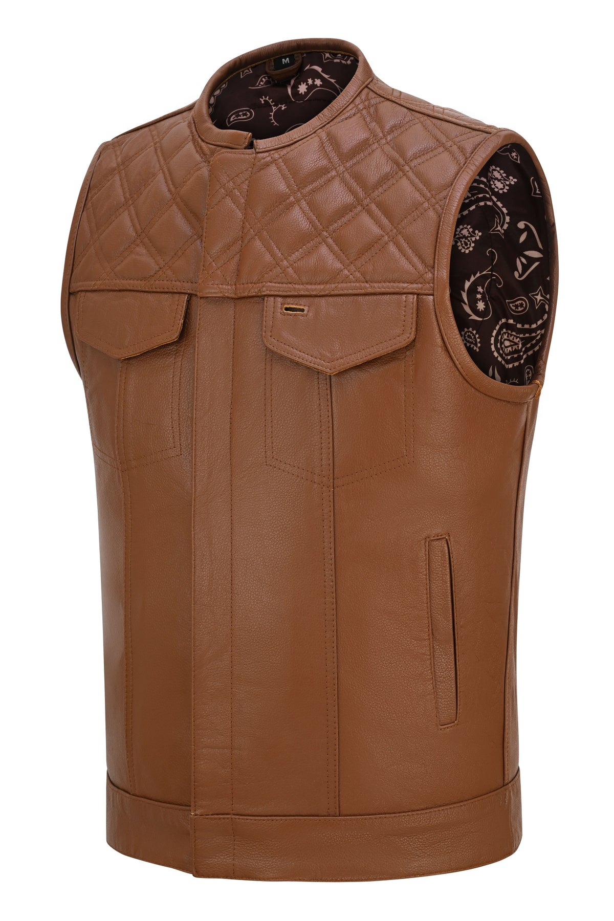 Three-quarter view of the cognac leather club vest showing diamond-quilted shoulders, chest pockets, and a lower welt pocket.