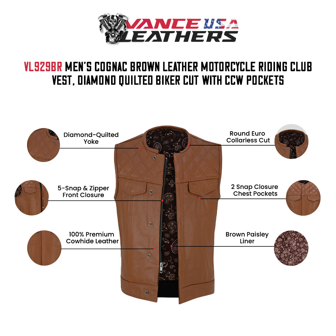 Cognac club vest diagram labeling diamond quilting, collarless cut, snap and zipper closure, chest pockets, and paisley liner