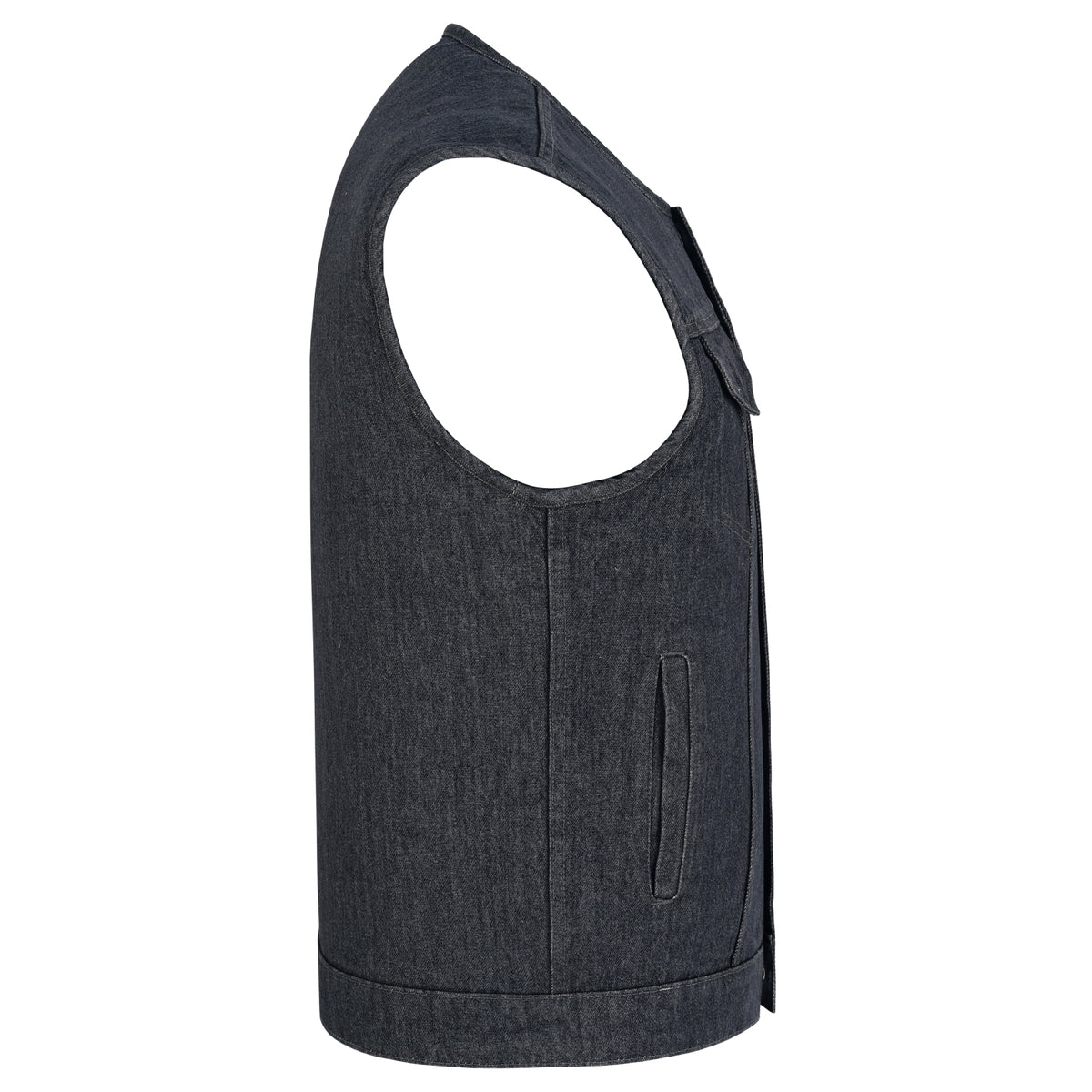 Side profile of the distressed grey denim motorcycle vest showing its sleeveless cut, side seam, and welt hand-warmer pocket.