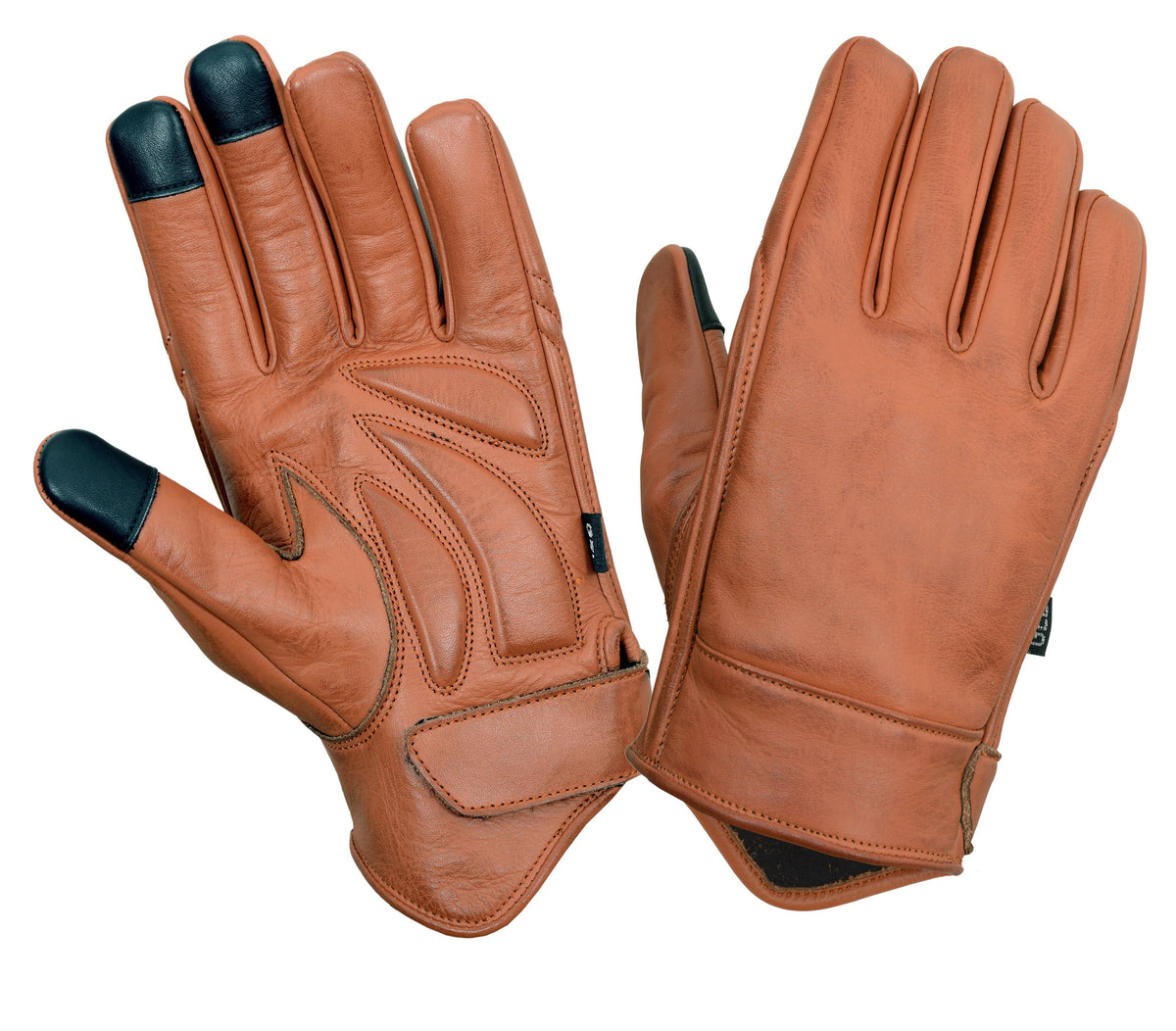 Brown motorcycle gloves arranged at an angle, showing the padded palm, touchscreen tips, smooth back, and adjustable wrist strap.